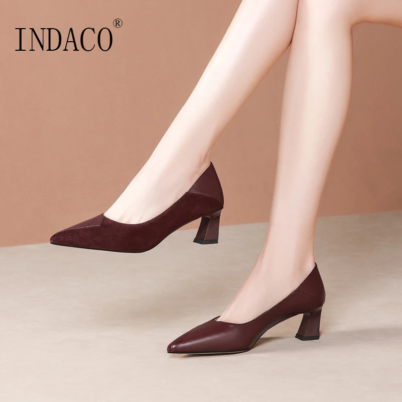 

2020 New Burgundy Mid High Heel Pumps Fashion Leather Spring Summer Classic Heels 5cm