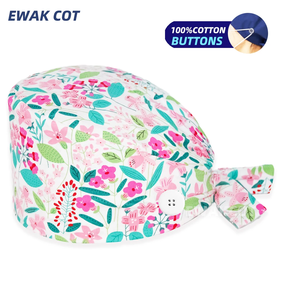 New Dental Hat Unisex Scrub Cap Floral Printed Cotton Clinic Hats Adjustable Pet Shop Lab Nursing Hat Nurse Scrubs Cap for Women medical scrub hats