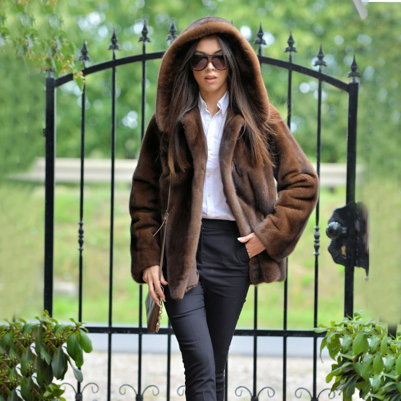 FURSARCAR New Real Whole Skin Brown Mink Fur Women Fashion Winter Coat Luxury Lady Genuine Natural Fur Hooded Jacket Femme