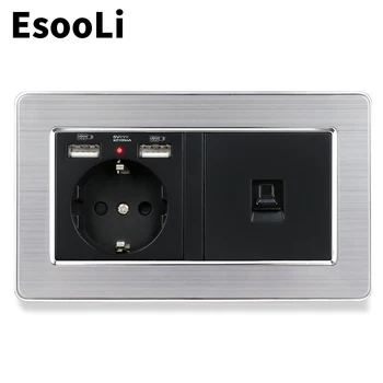 

Esooli Black EU Standard Wall Socket 2 USB Charge Port Hidden Soft LED + 2 Gang CAT6 RJ45 Internet Stainless Steel Panel