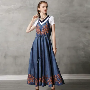 

Drawstring Waist Denim Dress 2020 Summer Women Strapless Dresses Embroidery A line Dress Vintage Blue Vestidos