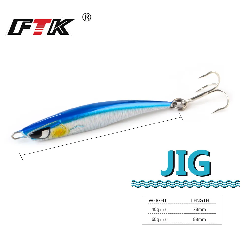 FTK 40g 60g Deep Sea Fishing Hard Lead Metal Jig Lure Sinking Micro Jigging Fishing Bait Tackle Wobbler With Treble Hook
