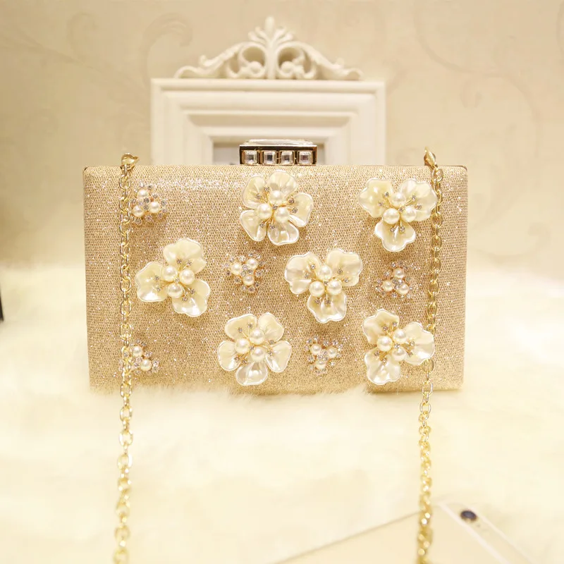 

2019 New Flower Clutch Pearl Bag Handbag Chain Shoulder Crossbody Bag Rhinestone Dinner Bag Banquet Bag Small Square Bag