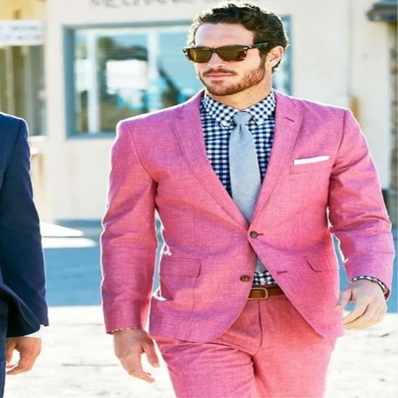 

New Design Pink Linen Beach Wedding Suits 2 Piece Groom Tuxedo Mens Prom Dinner Suits Best Man Groomsman Suit Blazer Terno