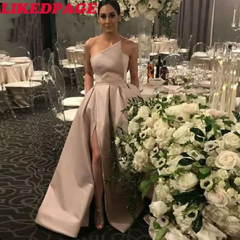 

Simple elegant A-Line Champagne High split Evening Dress Sexy Charming Strapless vestidos de fiesta Evening Gown Custom Made