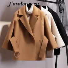 Осенне-зимнее женское Короткое шерстяное пальто, куртка с поясом, женская накидка с рукавами реглан, элегантные куртки на одной пуговице, черный, верблюжий цвет