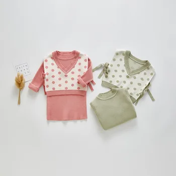 

New Winter Baby Girl Casual Knitted Long Sleeve Sweater Dress + Wave Point Vest 2 Piece Warm Dress Sets Children Girls Clothes