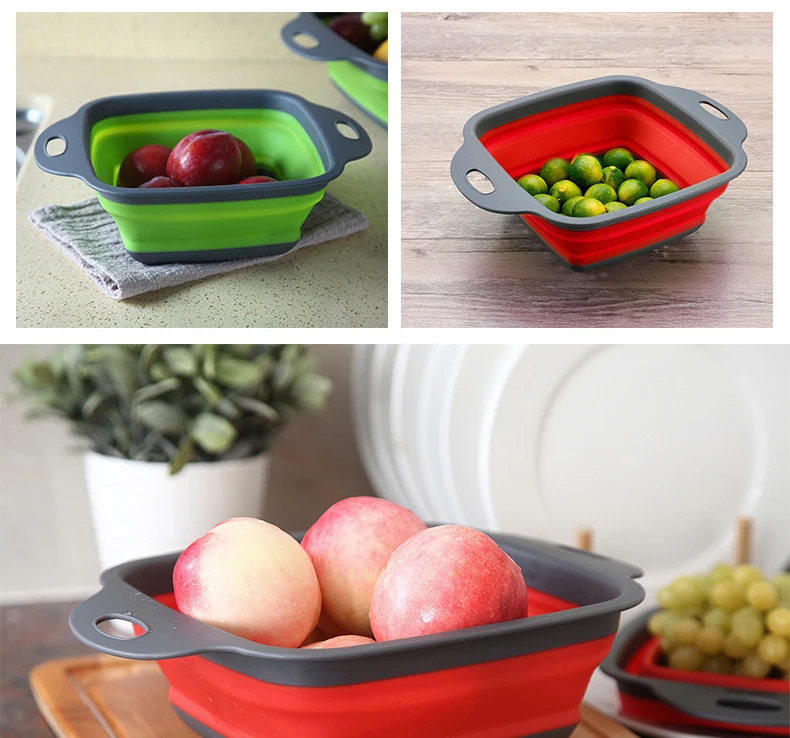 2pcs/set Foldable Silicone Colander Fruit Vegetable Washing Basket Strainer Collapsible Drainer With Handle Kitchen Tool