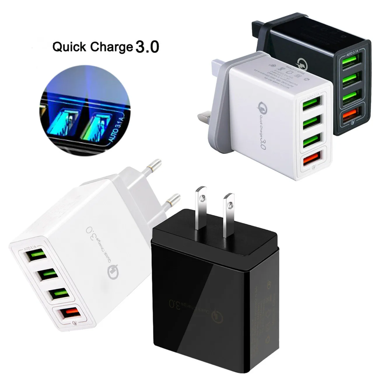 

QC3.0 Mobile Phone USB Charger 3.1A 4USB Fast Charger Charging for Iphone XR IPad Samsung Chargers Travel Wall Charger Adapter