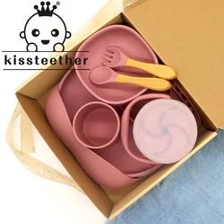 Kissteether Children's Tableware Baby Cup Plate Dishes Feeding Spoon Silicone Set Kids Dispensing Drinking Bowl Bibs BPA Free