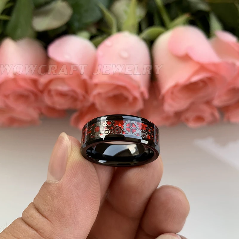 Cena 8mm obrączki wolframowe pierścienie węglikowe czarne dla mężczyzn kobiety Gears Red Opal wkładka skośne krawędzie polerowane błyszczące Comfort Fit