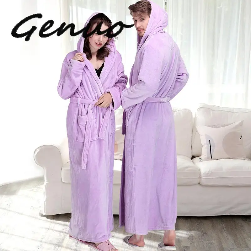 

Men Plus Size Winter Long Warm Coral Fleece Bathrobe 40-120KG Hooded Kimono Flannel Cozy Bath Robe Dressing Gown Women Sleepwear