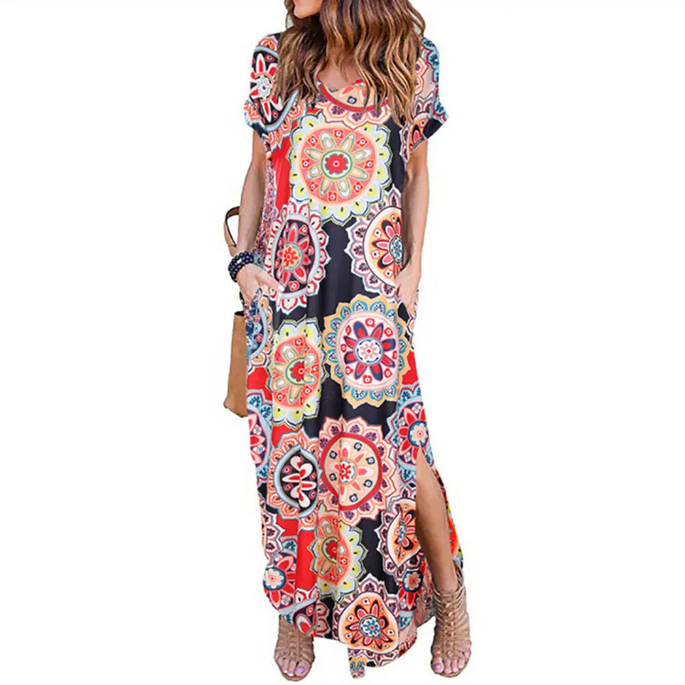 Женская неупакованная Макси-юбка большого размера, платье с коротким рукавом, вечерние рубашка-сарафан - Цвет: D