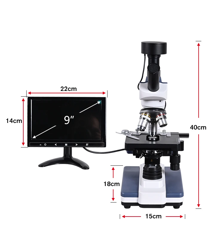 Черный фон HD цифровой биологический лабораторный микроскоп светодиодный свет+ 9-дюймовый ЖК-дисплей+ 5MP электронный окуляр микроскопа+ USB кабель для передачи данных+ металлический ящик