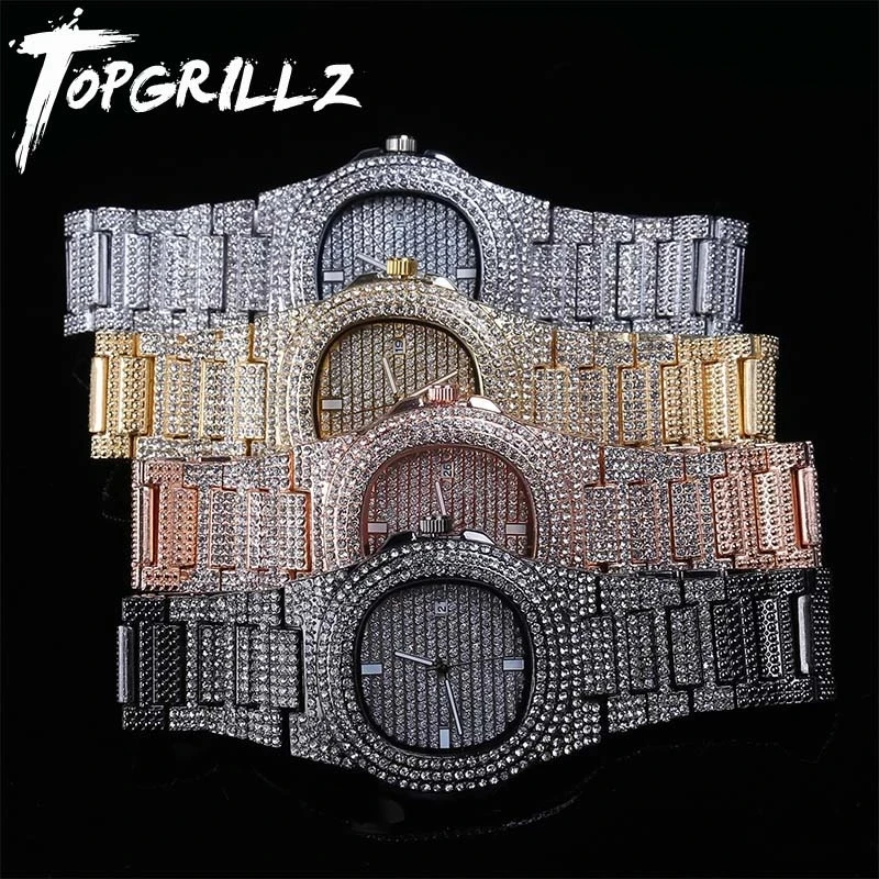 Часы TOPGRILLZ с бриллиантами брендовые кварцевые золотистые в стиле хип хоп