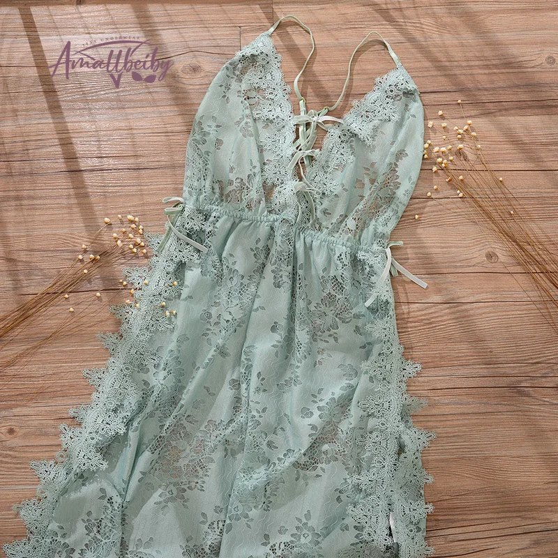 Green Floral Lace Pajamas for Women Transparent Low-Cut Deep V Backless  Sleepwear Lingerie Spaghetti Strap with Thongs - AliExpress 200574005