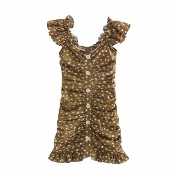 

2020 Fashion Women sweet butterfly sleeve print pleated vestidos femme buttons back zipper hem ruffles slim mini Dresses DS3545