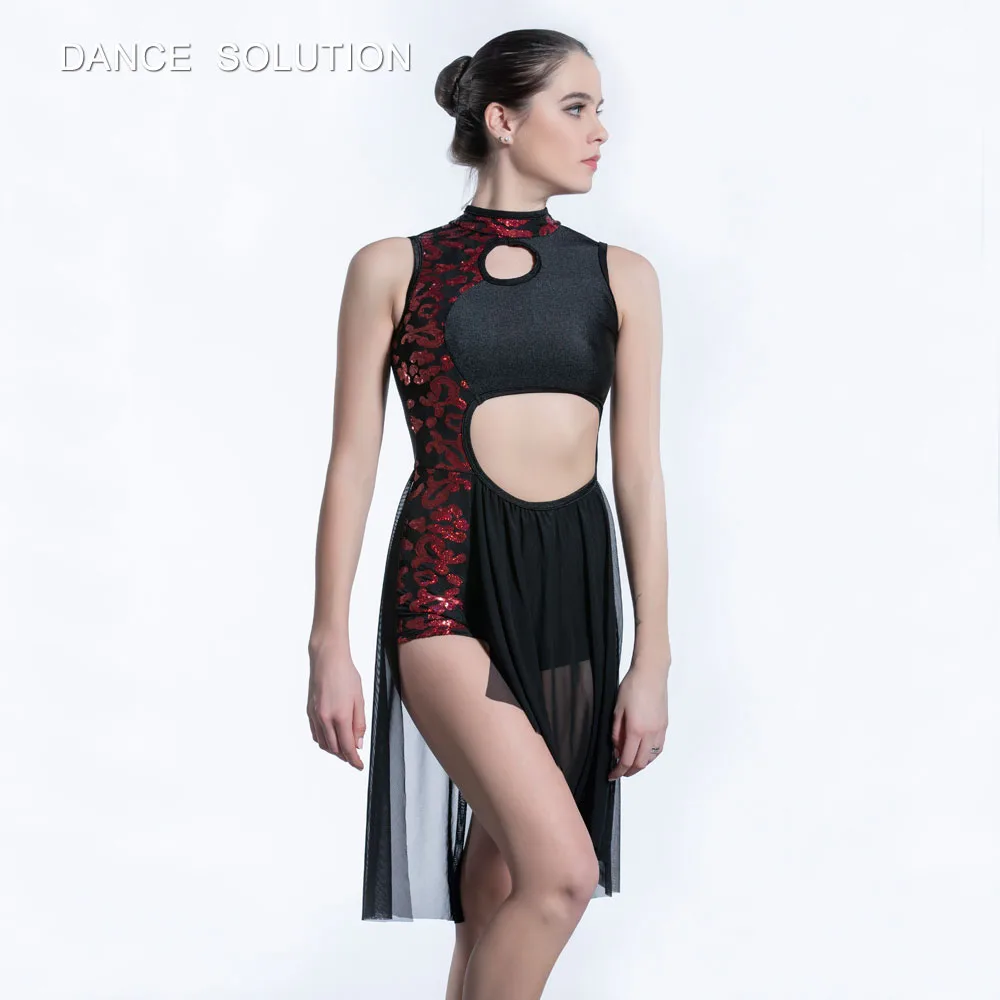 Черное гимнастическое трико из спандекса с красными блестками и замочной скважиной, современный танцевальный костюм для женщин и детей, Одежда для танцев, балета, юбка 19604 - Цвет: Красный