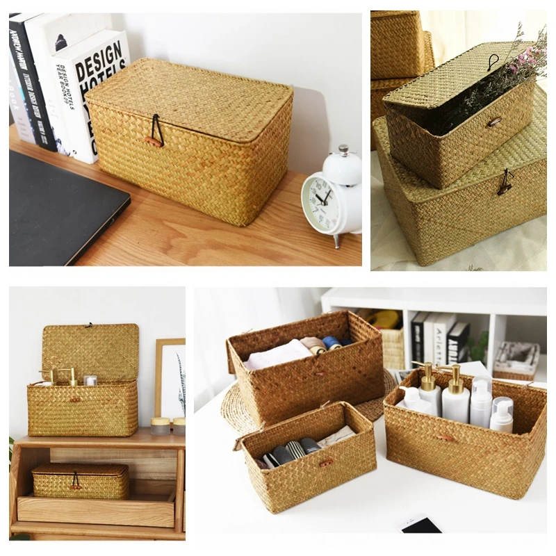 WHISM ручная работа соломенная быстрая коробка с крышкой органайзер для макияжа