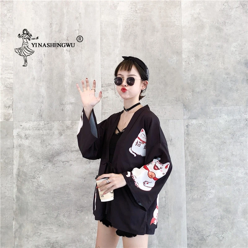Японское кимоно с принтом кота кардиган женский Свободная рубашка Топы повседневные кимоно пальто юката Женские кимоно Харадзюку азиатская одежда