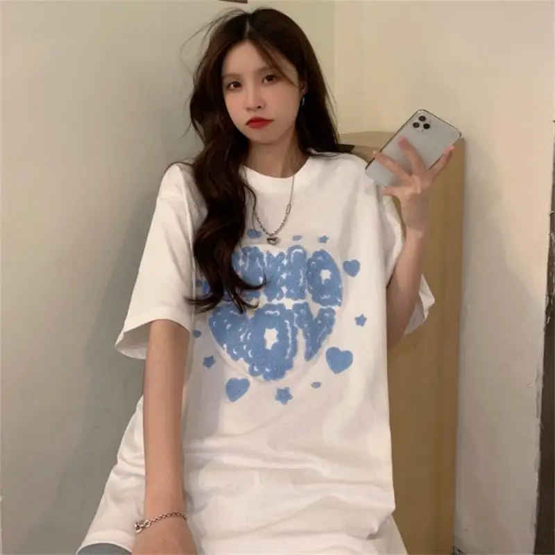 

Женская Корейская Повседневная Свободная футболка Harajuku с принтом Ins Love, женские футболки, топы, японская кавайная женская одежда Ulzzang для женщин