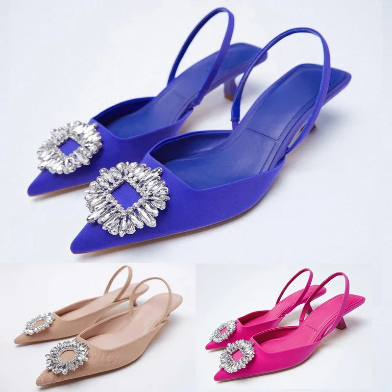2021 New Women's Shoes Pointed Toe Shallow Nude Pink Diamond Shoes Low Heel Back Strappy Shoes Women