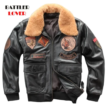 

2020 militaly air force flight jacket wool collar genuine leather jacket men winter black sheepskin coat pilot bomber jacket