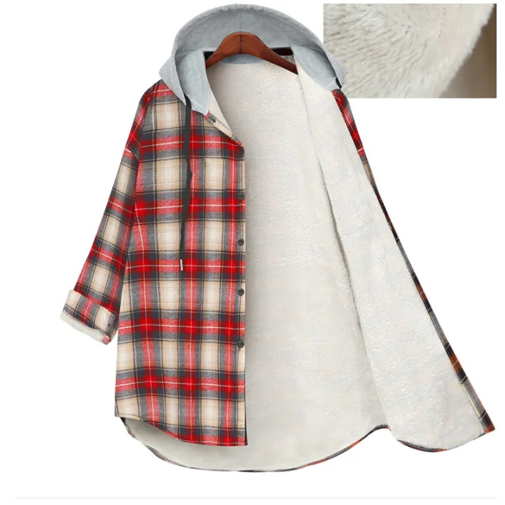 Description Picture 6 of itemWinter Plus Size 5XL Women Fleece Shirts Colorful Plaid Long Sleeve Ladies Blouse and Shirts Hooded Button Cardigan Tops KE2146