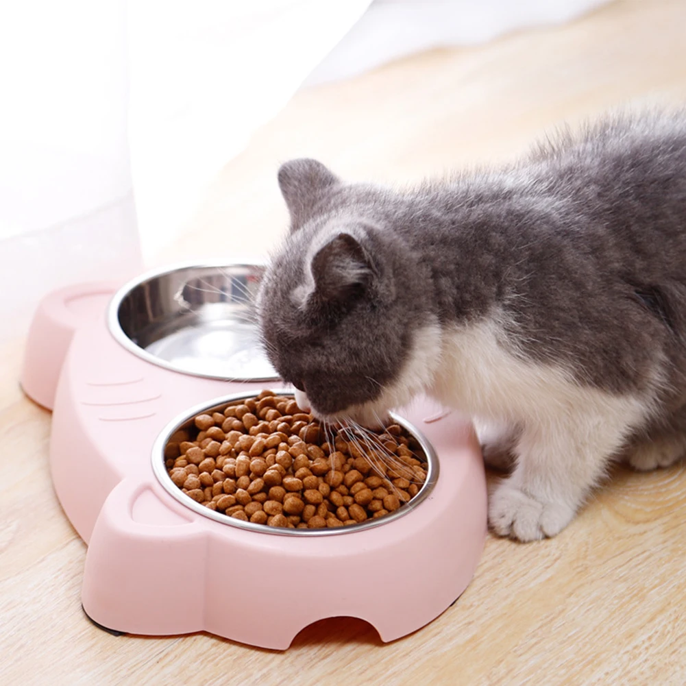 

Double Pet Bowls Big Eyed Cute Cat Food Water Feeder Stainless Steel Non-slip Bowls Pet Drinking Dish Feeder