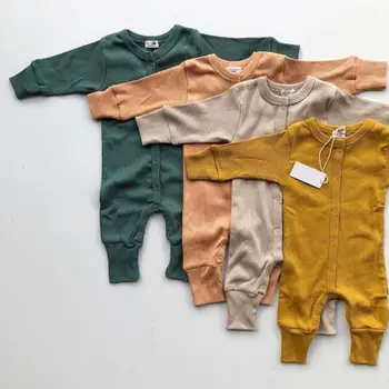 

solid unisex newborn baby romper long sleeve buttons up infant rompers