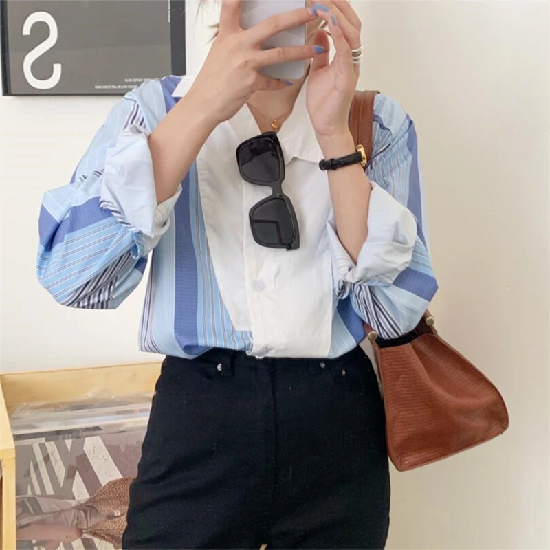 

2020 Fall Vertical Stripes Irregular Stitching Design Printed Women Shirt Turn-down Collar Single Breasted Loose Ladies Blouse