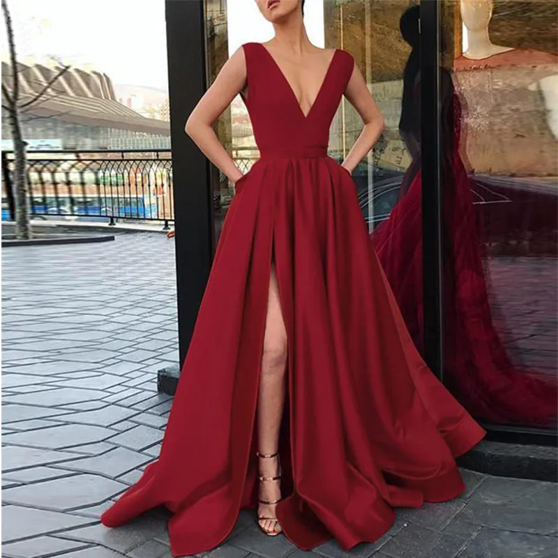 A-Line Special Occasion Evening Dresses Long V-Neck Evening Prom Gowns High Sexy Split Side Vestidos Fashion 2019 (4)