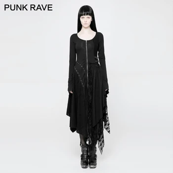 

PUNK RAVE Punk Female Fashion Asymmetric Hem Pleat Stacking Cotton Zipper Lace Gothic Visual Knitted Decadent Women Dress