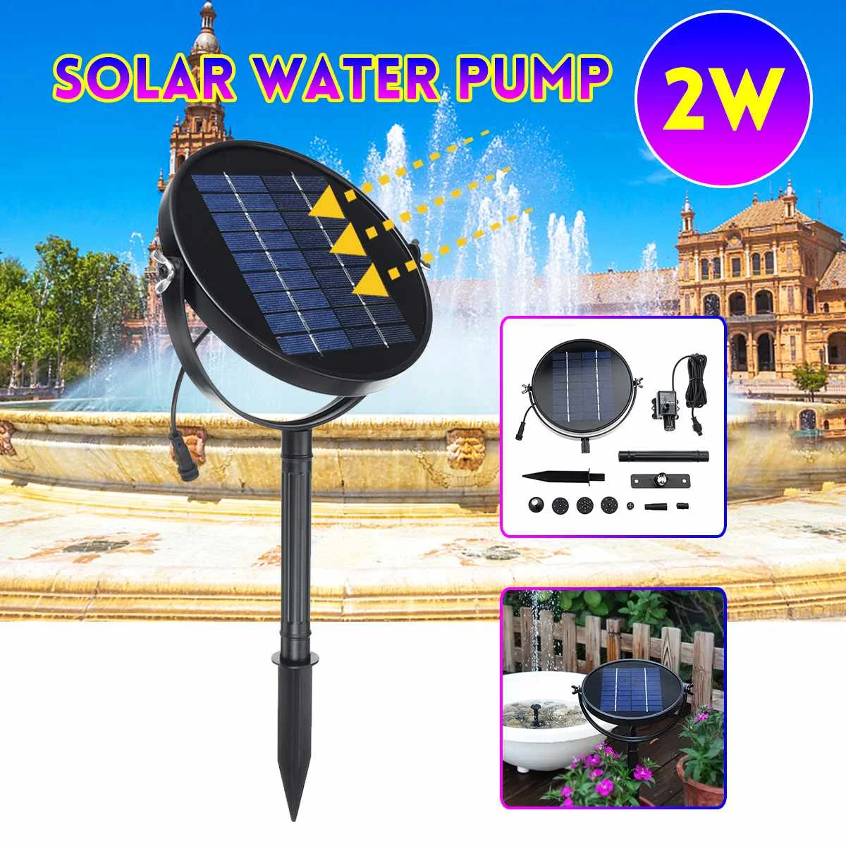 

2W Solar Power Water Pond Pump Home Garden Outdoor Submersible Pump Waterfall Water Fountain Bird Bath Pond Pool Solar Pump Set