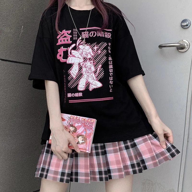 Camisas de estética Harajuku para Mujer, camiseta Kawaii Ninja con de gato negro, ropa de pop coreana, camisetas informales elegantes para Mujer|Camisetas| - AliExpress