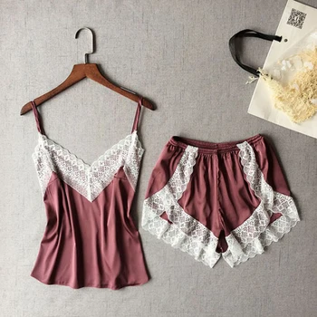 

Women's Sleepwear Set Sexy Satin Pajama Set Lace V-Neck Sleeveless Cute Top And Shorts Pyjamas Suit