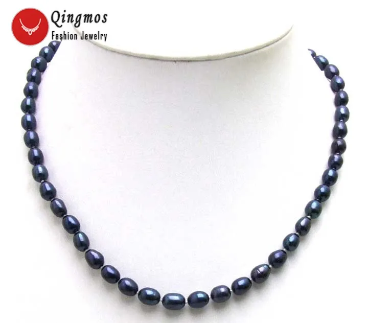 Qingmnos Natural Black Pearl Necklaces for Women with 7-8mm Rice Freshwater 17&quot Chokers Jewelry Collares Femme n5591 | Украшения и