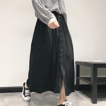 

2020 Spring and Summer New Women's Simple Elastic Waist Button Split Long Slimming A Line Solid Casual All-match Pleated Skirt