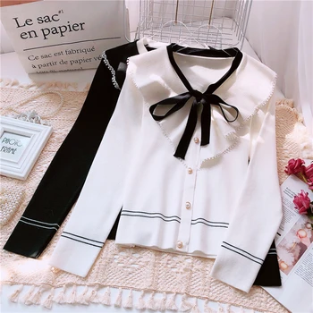 

2020 Korean fashion temperament all over bow and lotus edge sweet wind top slim knit women's sweater
