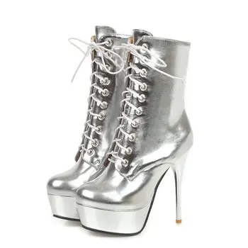 

Women Boots Fashion Zipper Martin Boots Sexy Super High Heel Ankle Boots Ladies Round Toe Platform Autumn Winter Shoes Gold Pink