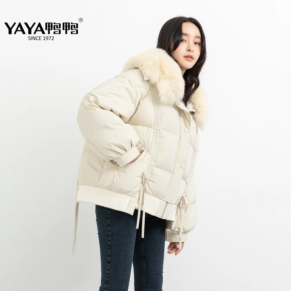 

YAYA 2021 Women's Winter 90% White Duck Down Jacket Thick Real Fur Collar Short Puffy Warm Overcoat Hood Windbreak Outerwear