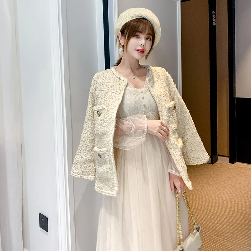 

2019 New Retro Women's Lapel Long-sleeved Tweed Outwear Autumn High-quality Gold Thread Braided Tweeds Coat Women Jackets