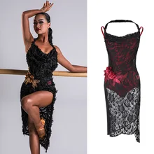 Латинское платье для танцев черные сексуальные кружевные платья из двух частей комплект Для женщин Румба Чача Самба Танго взрослых конкурсное выступление одежда DN4058
