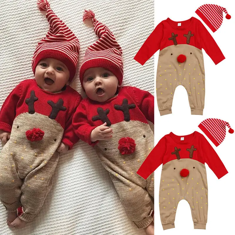2Pcs Newborn Baby Boys Girls Christmas Rompers Long Sleeve Deer Romper Jumpsuit