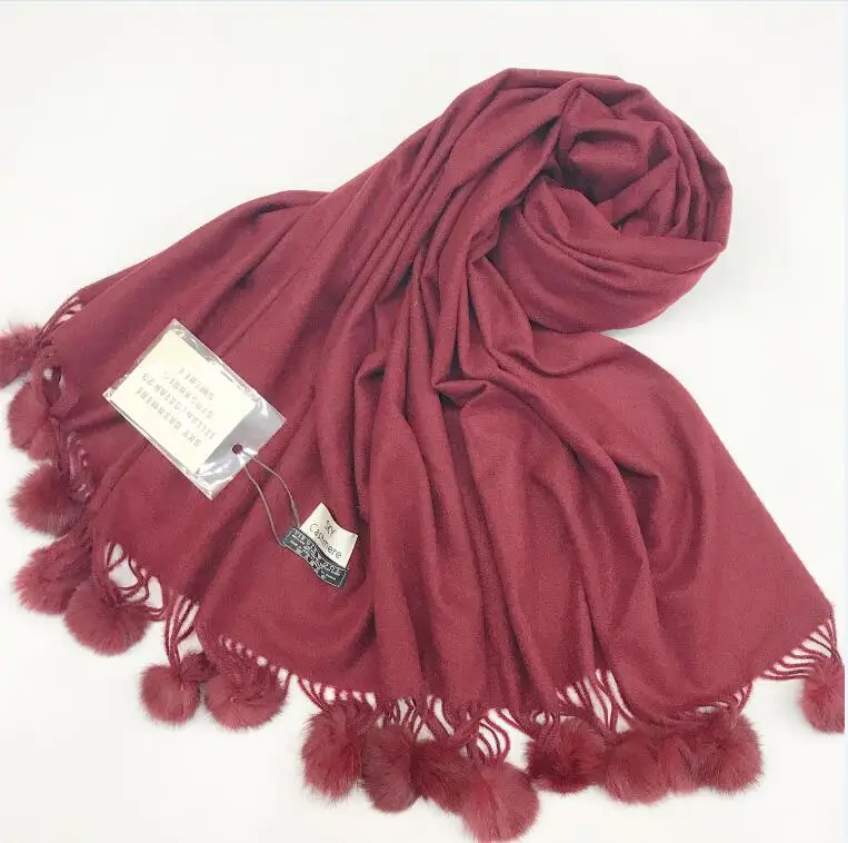 Wine red Теплые, зимние, шерстяные кашемировые шарфы с помпонами, розовый толстый шарф с кроличьим мехом, большой Палантин из пашмины, Женская шаль, акриловый шарф - Цвет: Wine red