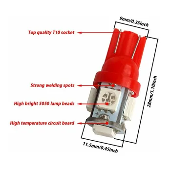 

10PCS Car Lights Blubs T10 Red 194 168 2825 5050 5SMD LED Bright Car Lights Lamp Bulb License Plate Light Parking Lamp