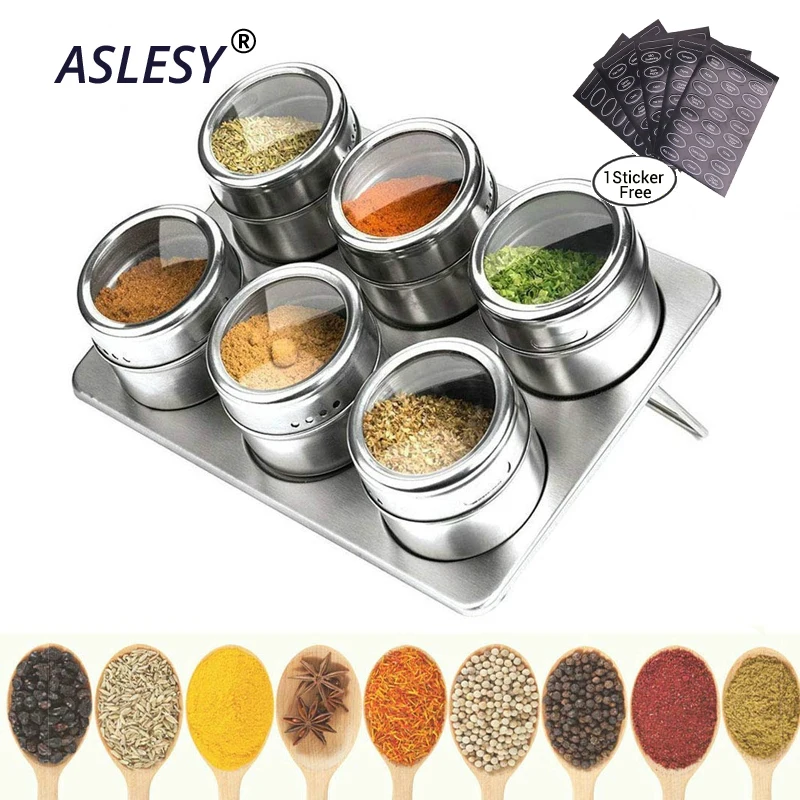 

Magnetic Spice Jars Set with Sticker 304 Stainless Steel Salt Pepper Spray Shakers Storage Tins Rack Seasoning Box Condiment Con