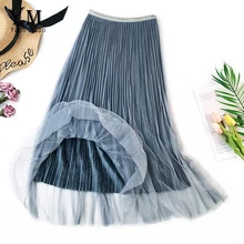 YuooMuoo/Новинка, Женская Блестящая сетчатая юбка осень-зима, бархатная элегантная складчатая юбка, женская черная юбка миди с высокой талией