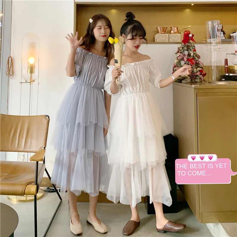 

Photo Shoot WOMEN'S Dress Spring Summer off-Shoulder Horizontal Neck Joint Gauze Fairy Skirt Cake Dress Mid-length Dress