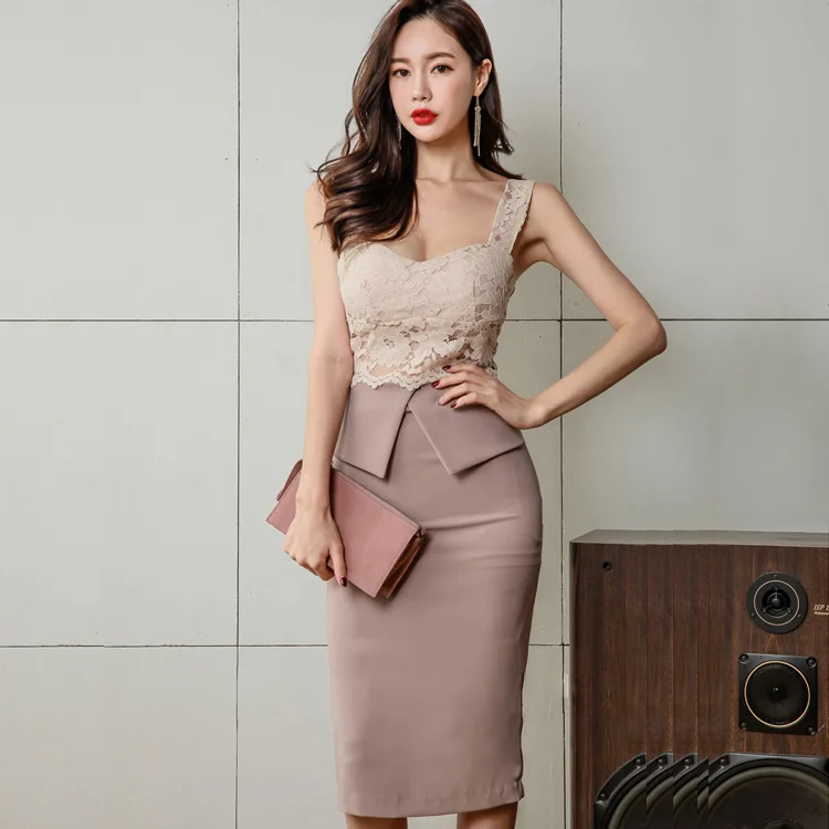 

2018 Summer Wear New Style Korean-style Ol Elegant Lace Joint Strapped Dress Slim Fit Sheath Slit Dress Women's
